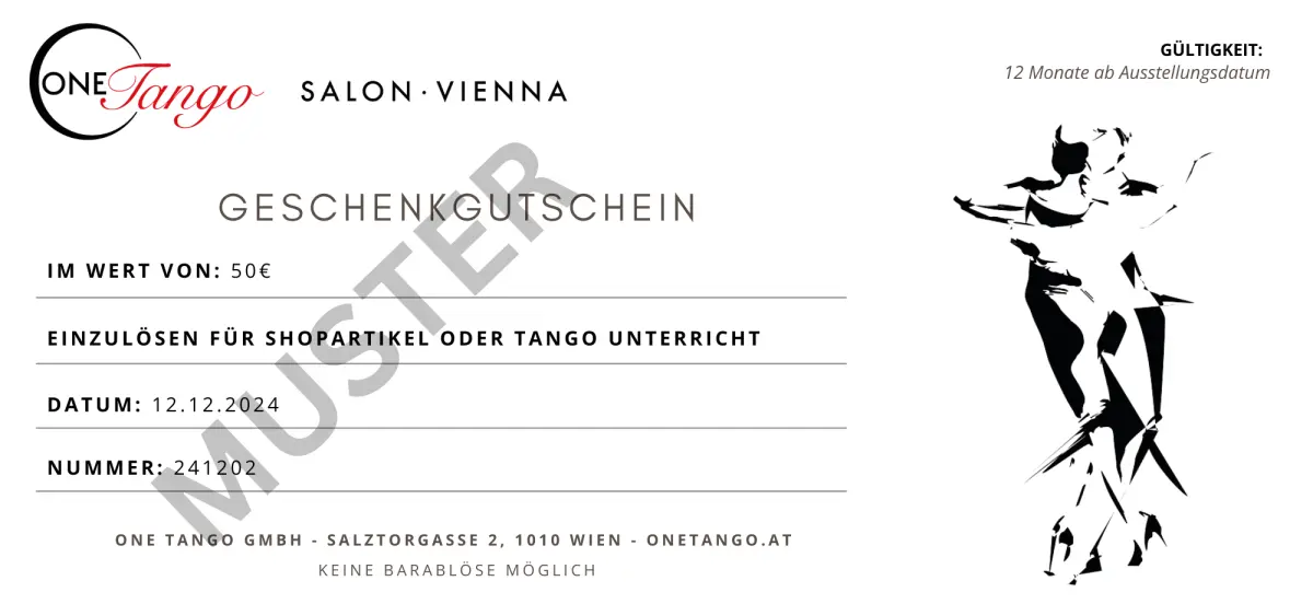 Sample of a ONE TANGO gift card for 50 euros
